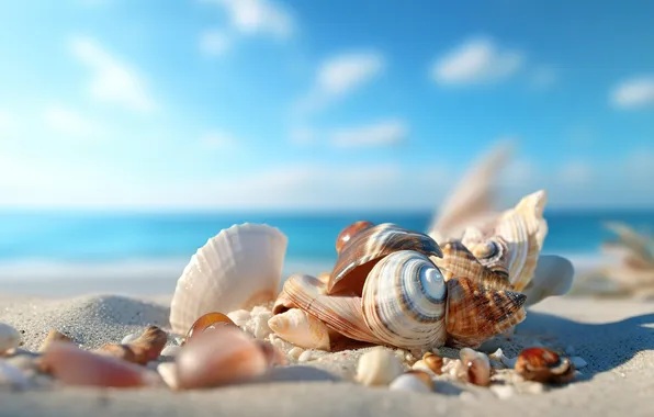 Картинка песок, море, пляж, лето, небо, берег, ракушки, summer