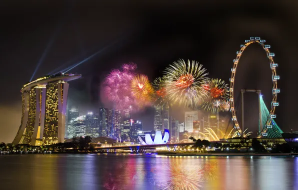 Картинка небо, ночь, город, праздник, колесо, Сингапур, отель, фейерверки