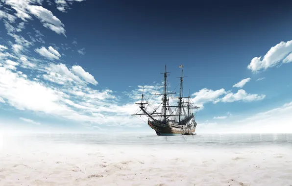 Море, океан, берег, корабрь