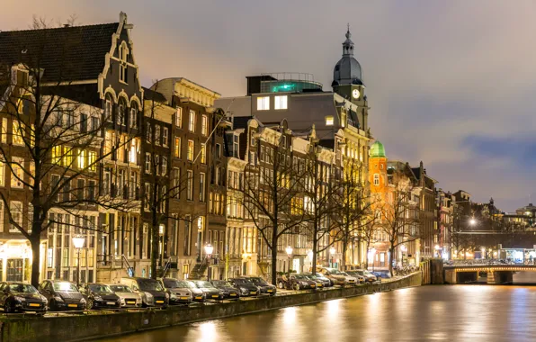 Картинка ночь, city, город, lights, огни, река, Амстердам, panorama