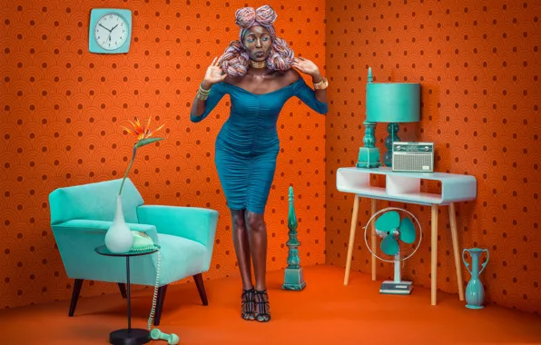 Картинка девушка, ретро, модель, интерьер, афроамериканка