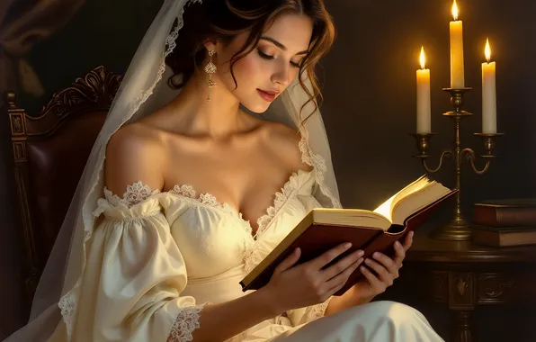Девушка, свечи, книга, невеста, белое платье, чтение, ИИ-арт, нейросеть