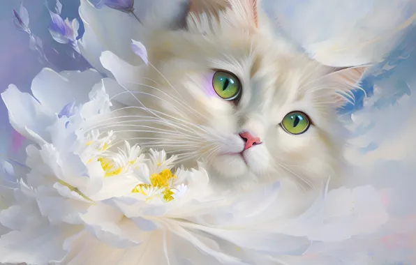 Кошка, цветок, небо, взгляд, облака, цветы, поза, небеса