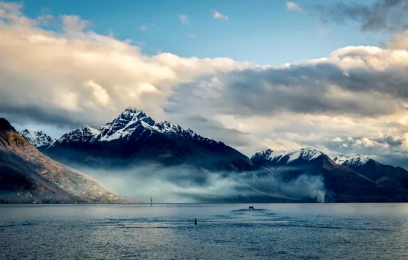 Море, облака, горы, побережье, Новая Зеландия, Queenstown