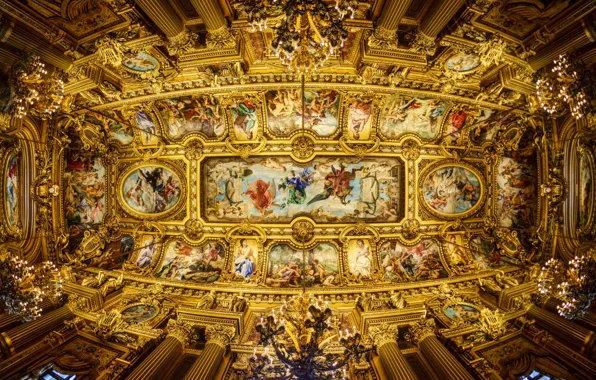 Картинка потолок, колонны, Опера Гарнье, роспись, люстры, Гранд-опера, Парижская опера