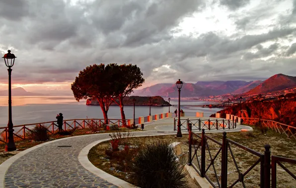Картинка city, sky, sea, Italy, sunset, lamp, Calabria, San Nicola Arcella