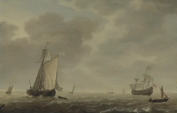 Корабль, картина, парус, морской пейзаж, Simon de Vlieger, A Dutch Man-of-war and Various Vessels in …