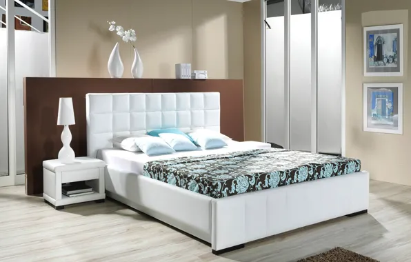 Картинка дизайн, лампа, кровать, интерьер, спальня, модерн