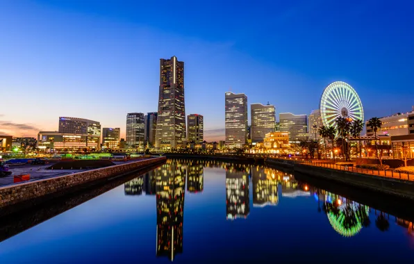 Картинка отражение, Япония, зеркало, горизонт, канал, колесо обозрения, голубое небо, Йокогама