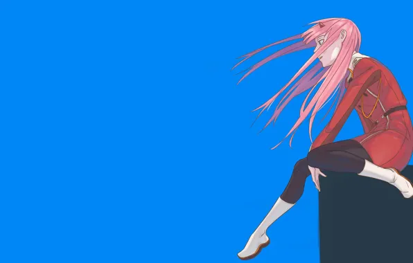 Девушка, ветер, сидит, синий фон, 002, Darling In The Frankxx, Милый во Франксе, Zero Two