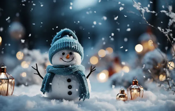 Обои зима, снег, Новый Год, Рождество, снеговик, happy, Christmas, night