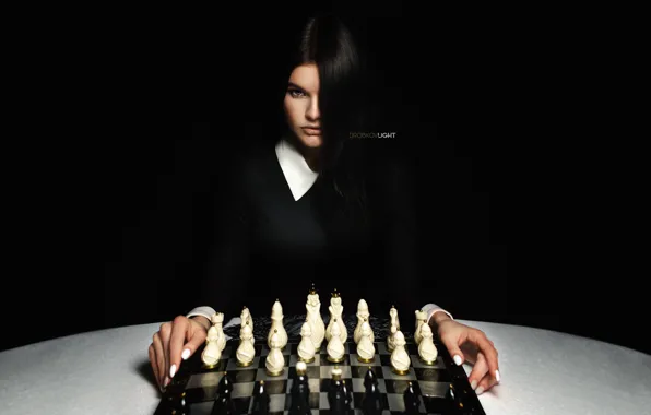 Картинка взгляд, девушка, лицо, волосы, шахматы, Alexander Drobkov-Light, Юлия Худолеева