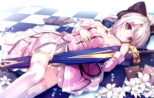 Девушка, капли, цветы, плитка, меч, anime, art, illyasviel von einzbern