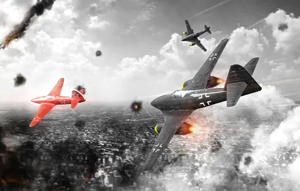 Небо, облака, истребитель, Арт, реактивный, War Thunder, Ме-262, ВВС Германии