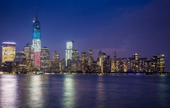 Картинка Нью-Йорк, ночной город, Манхэттен, Manhattan, New York City, East River, пролив Ист-Ривер