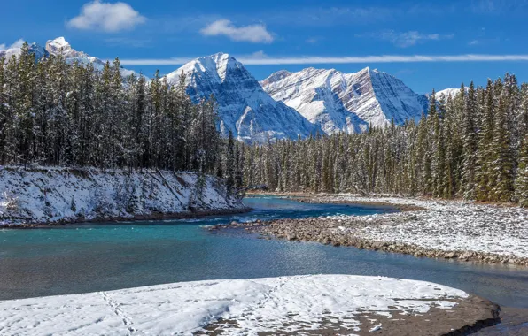 Картинка зима, лес, снег, горы, река, Канада, Альберта, Banff National Park
