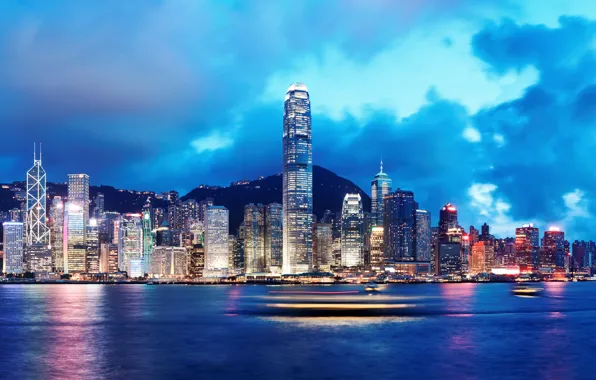 Картинка море, небо, облака, ночь, природа, city, город, lights, огни, река, здания, корабли, Гонконг, горизонт, Китай, …