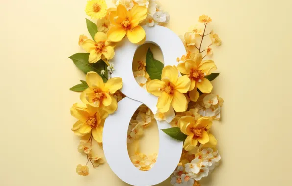 Цветы, праздник, весна, цифра, 8 марта, поздравление, открытка, восемь