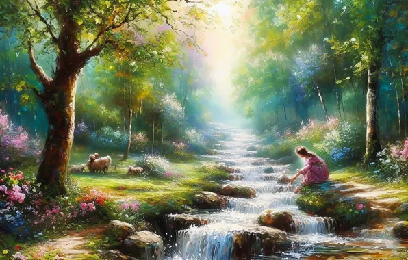 Зелень, лес, лето, девушка, свет, деревья, цветы, природа