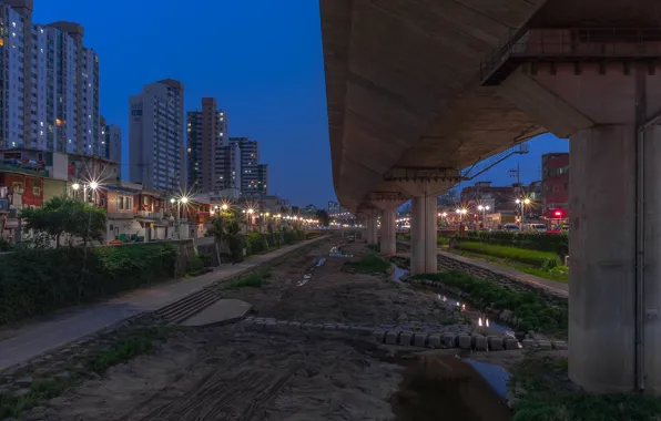 Мост, огни, дома, вечер, фонари, опоры, Seoul, Южная Корея