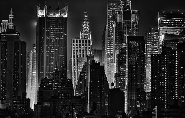 Свет, ночь, огни, здания, Нью-Йорк, нуар, небоскрёбы, Крайслер-билдинг