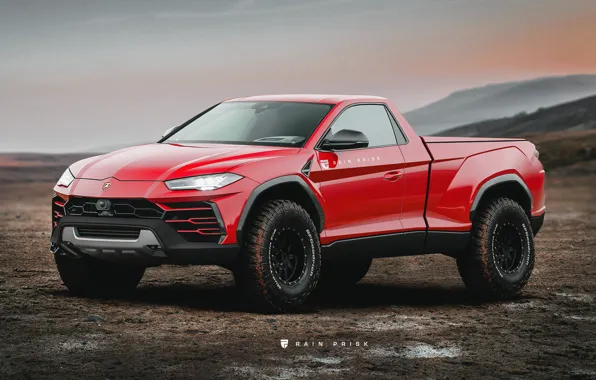 Красный, Lamborghini, Машина, Пикап, Pickup, Concept art, Urus, Rain Prisk
