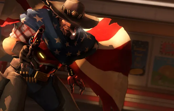 Рендеринг, шляпа, флаг, сигара, револьвер, Overwatch, McCree, Jesse McCree