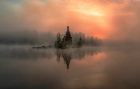 Туман, река, церковь, дымка, Россия, Вуокса