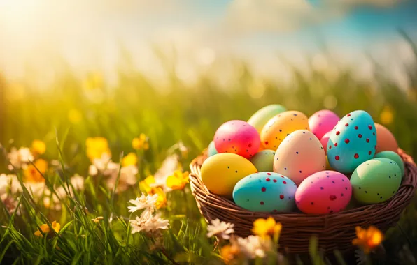 Картинка цветы, корзина, поляна, яйца, весна, colorful, Пасха, happy