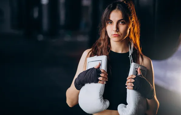 Woman, young, boxer, training gym