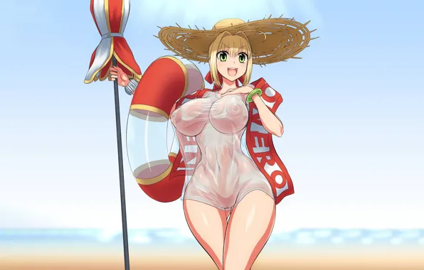 Girl, sexy, beach, green eyes, pussy, nipples, boobs, anime
