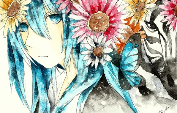 Девушка, цветы, лицо, бабочка, аниме, арт, vocaloid, hatsune miku