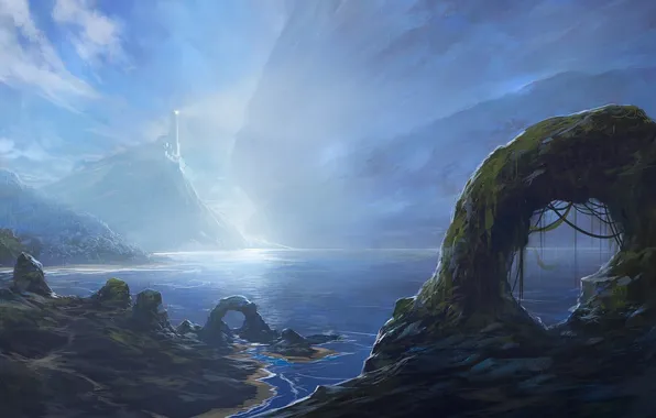 Картинка туман, озеро, скалы, маяк, гора, арт, дымка, арки
