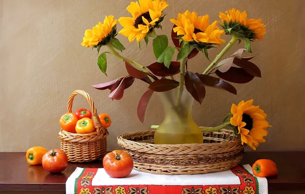 Картинка цветы, ваза, перец, натюрморт, корзинка, овощи, помидор, томаты