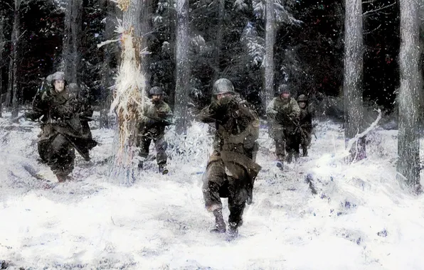Картинка зима, лес, снег, атака, рисунок, бой, Солдаты