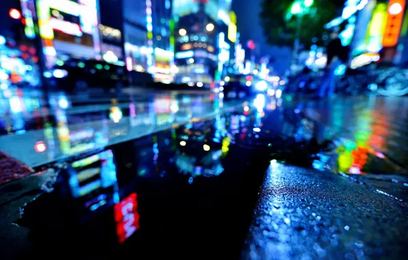 Картинка мокро, вода, ночь, город, огни, дождь, улица, Япония