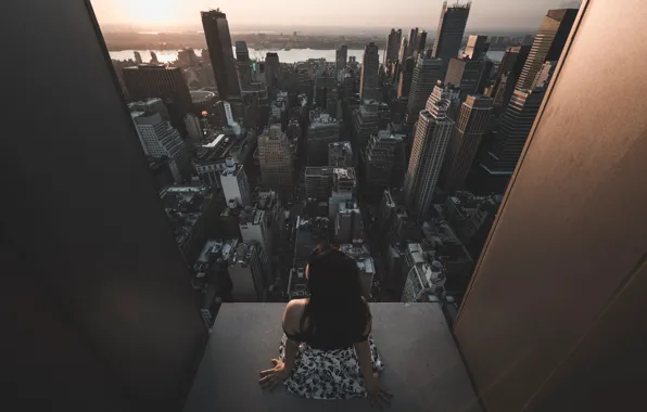 Девушка, закат, небоскреб, архитектура, Городской пейзаж, Jason Liu