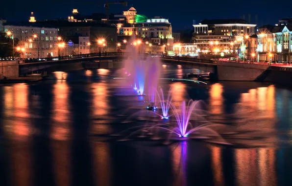 Картинка ночь, река, здания, Москва, фонтан, Россия, Russia, river