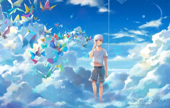 Картинка небо, облака, бабочки, аниме, арт, парень, токийский гуль, Tokyo Ghoul