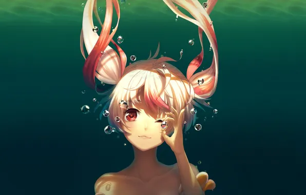 Картинка девушка, пузыри, аниме, арт, под водой, подмигивание, assassinwarrior, rosuuri