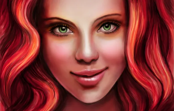 Девушка, арт, губы, живопись, кудри, зеленые глаза, красные волосы