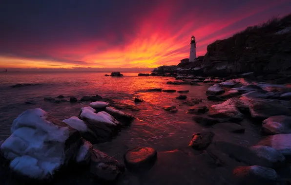 Rock, ocean, coast, sunset, lighthouse