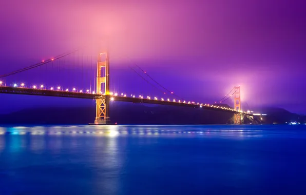 Ночь, мост, огни, Сан-Франциско, золотые ворота