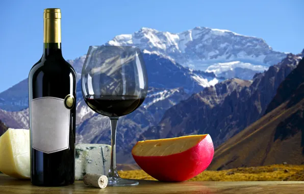 Картинка пейзаж, горы, вино, бокал, бутылка, яблоко, сыр, пробка