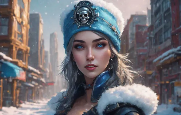 Зима, взгляд, девушка, город, шапка, череп, блондинка