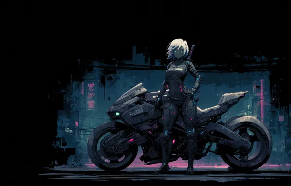 Картинка girl, katana, futuristic, biker