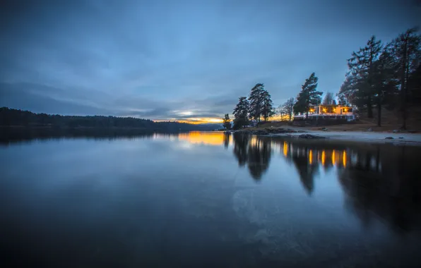 Закат, lights, огни, озеро, дом, house, sunset, lake