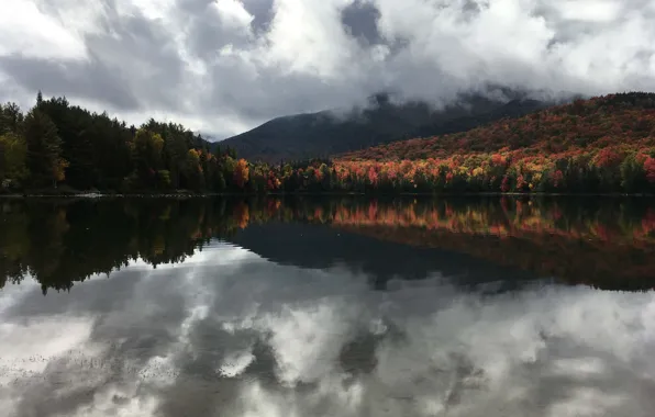 Autumn, clouds, lake, hill, autumn colors, fall, lakeshore, fall colors