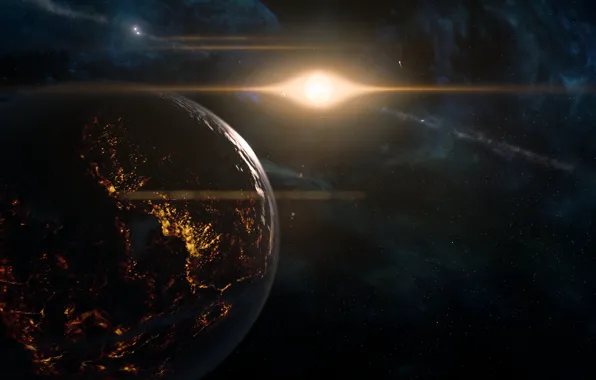 Картинка Планета, Космос, Огонь, Mass Effect Andromeda, Звезда, Андромеда
