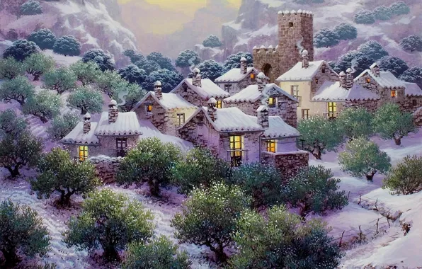 Картинка снег, деревья, горы, домики, живопись, snow, painting, плантация